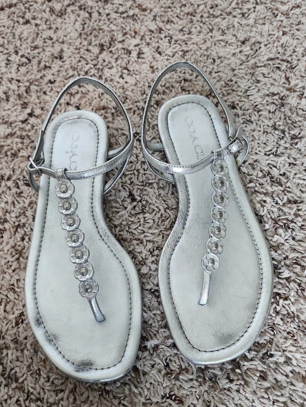 Coach Metallic Silver Crystal T-Strap Sandals for Women